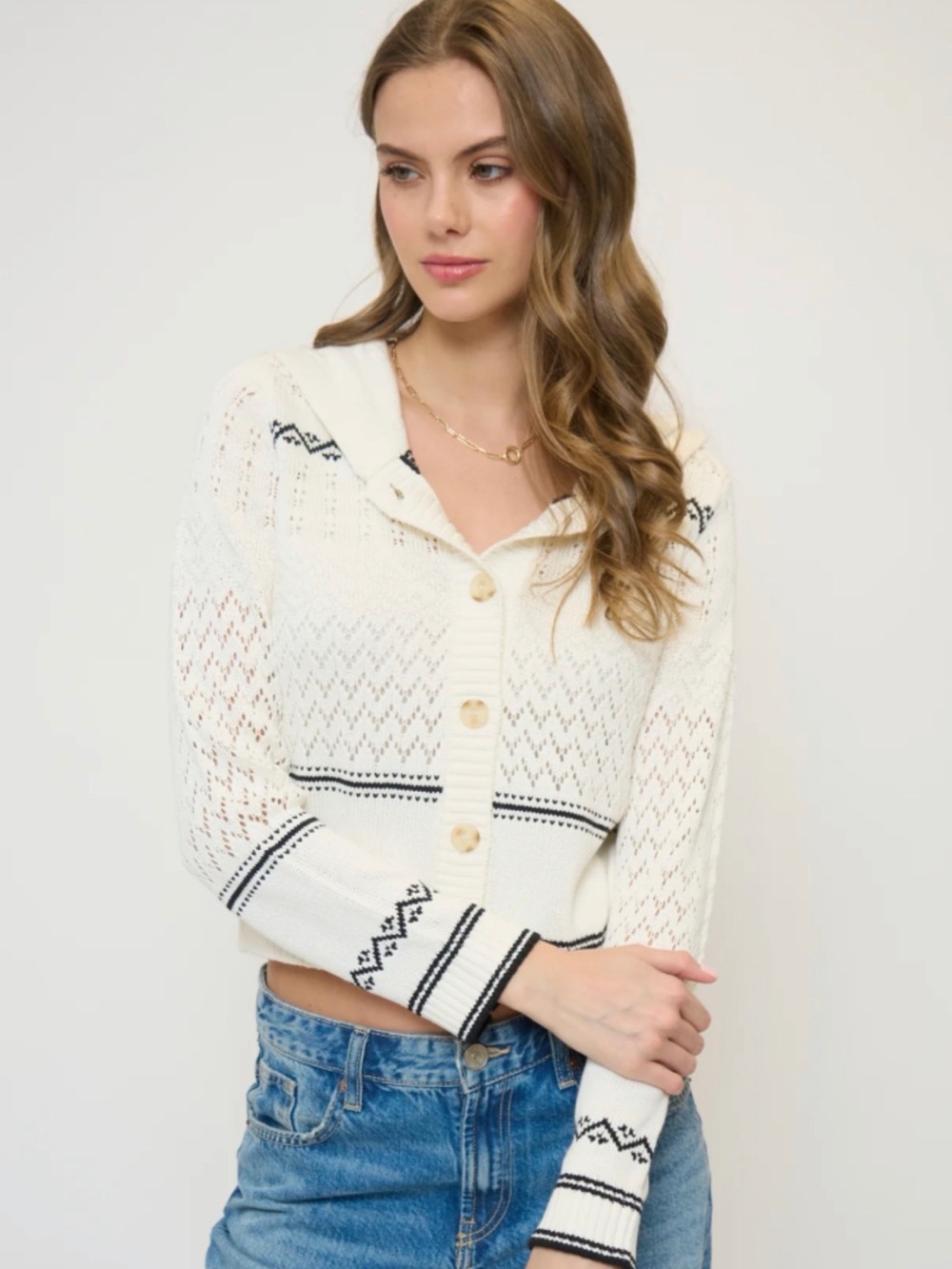 Nordstrom Cream Knit Cardigan with Black Fair Isle Trim